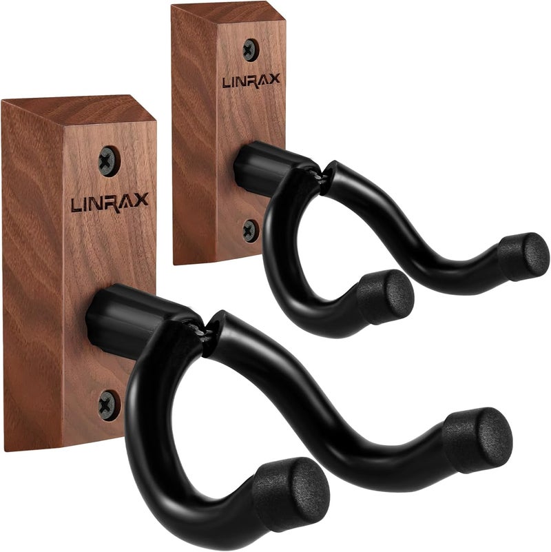 LINRAX Guitar Wall Mount, 2 Pack Wall Hanger, Black Walnut Hook with Screws, U-Shaped Guitar Holder for Acoustic Classical Electric Guitar Bass Banjo Mandolin, Guitar Wall Stand - Image 1